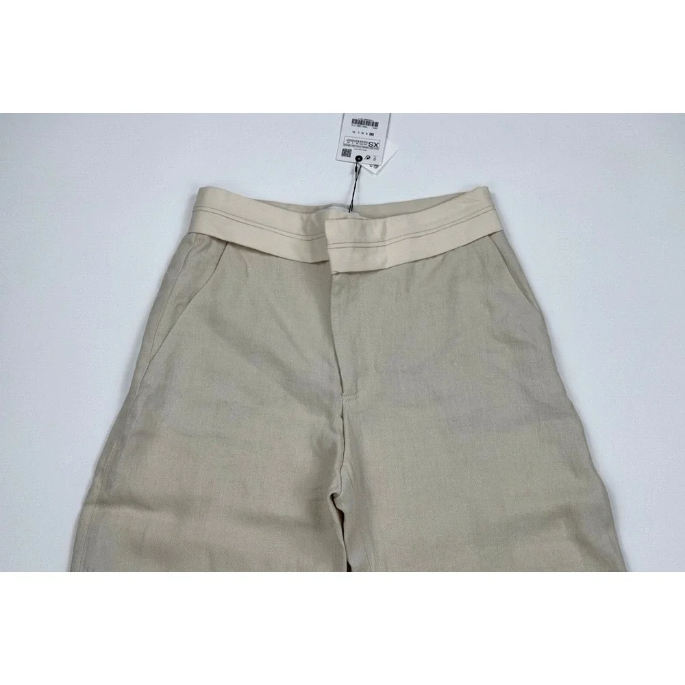 Zara Contrast Waist Linen Blend Pants‎ Blogger favorite Women XS NEW Zip Closure